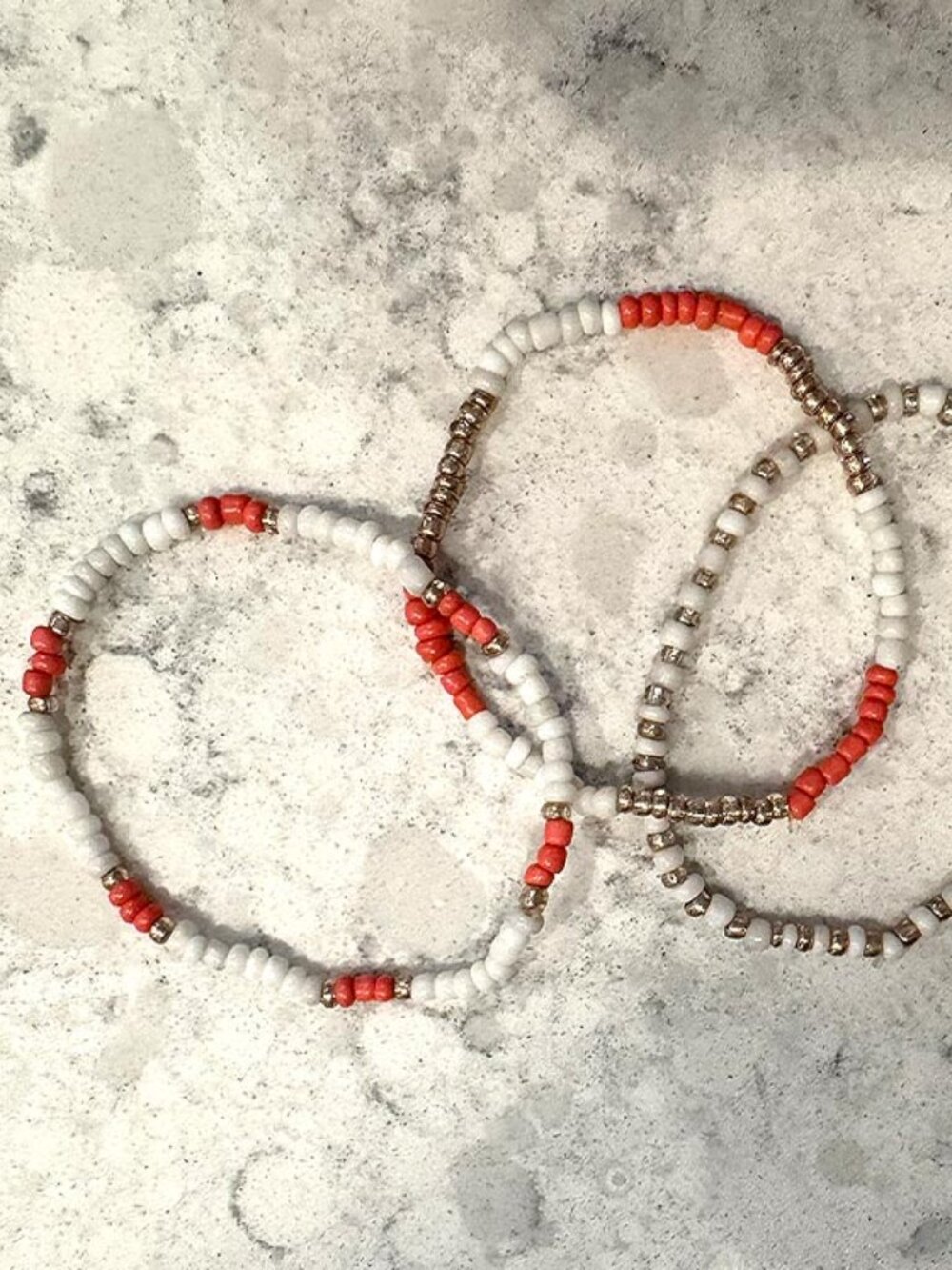 Coral White and Silver Beaded Stretch Bracelets